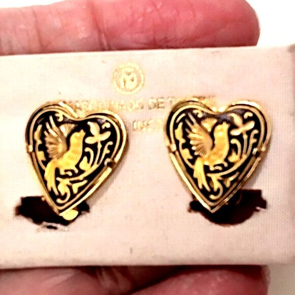 Vtg Spanish Damascene NOS Toledo Ware Bird and Heart Clip Earrings - Picture 2 of 7